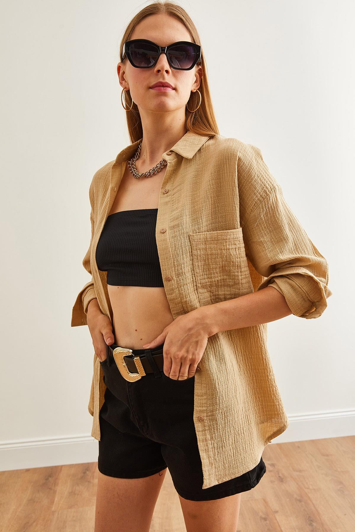 Oversize Basic Müslin Gömlek Camel