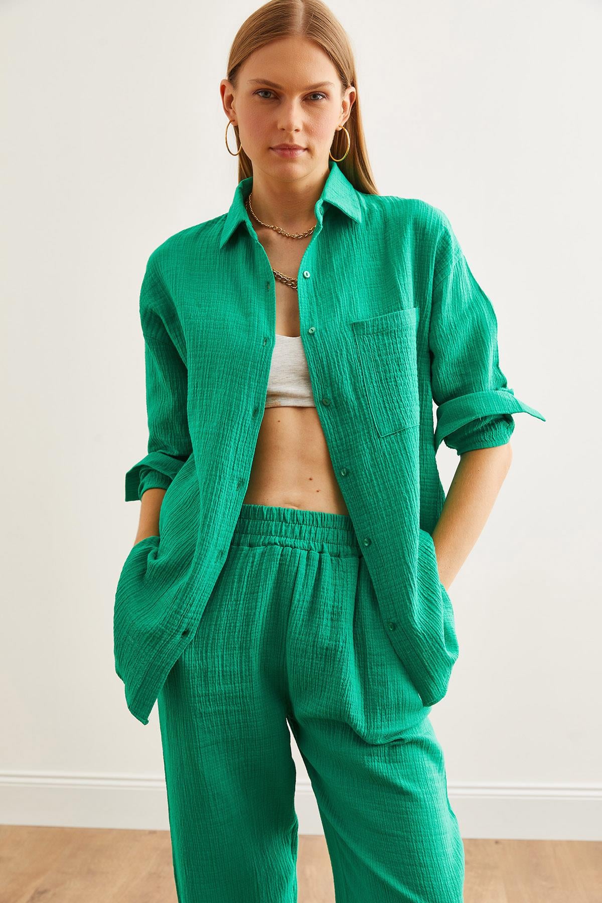 Oversize Basic Müslin Gömlek Çimen Yeşili