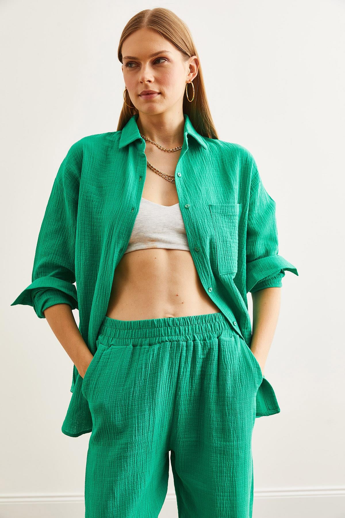 Oversize Basic Müslin Gömlek Çimen Yeşili