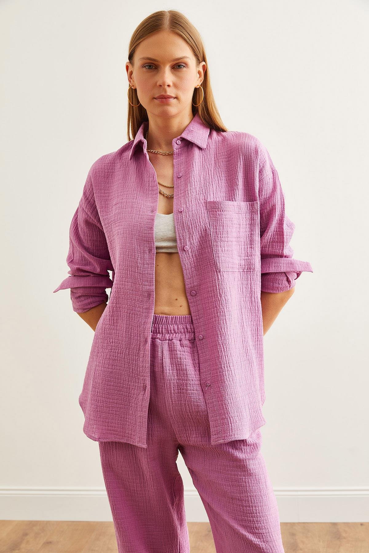 Oversize Basic Müslin Gömlek Mor