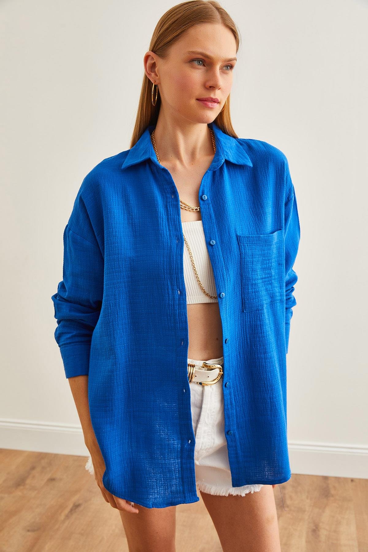 Oversize Basic Müslin Gömlek Saks Mavi