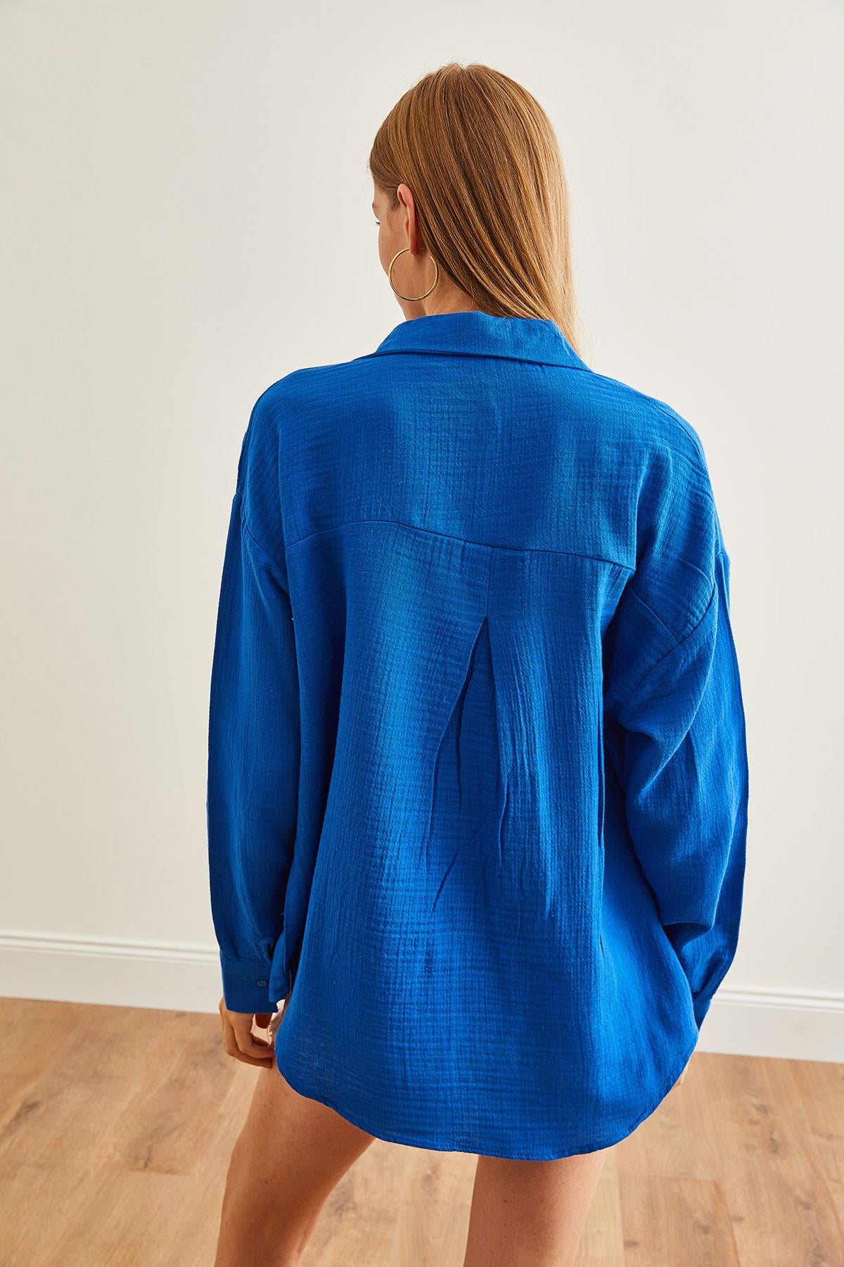 Oversize Basic Müslin Gömlek Saks Mavi