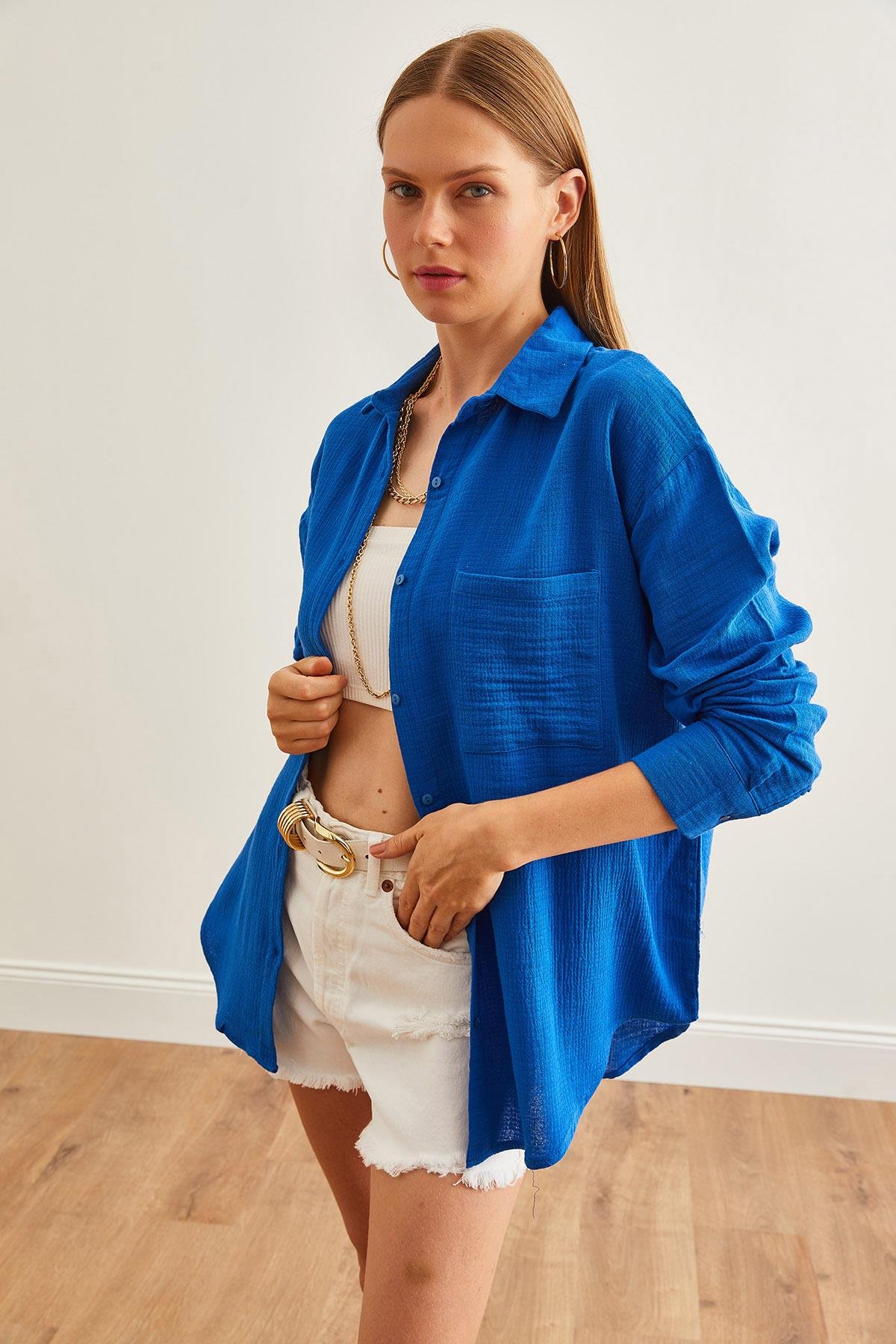 Oversize Basic Müslin Gömlek Saks Mavi