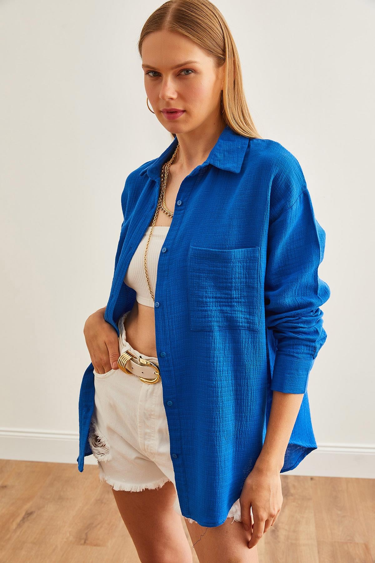 Oversize Basic Müslin Gömlek Saks Mavi