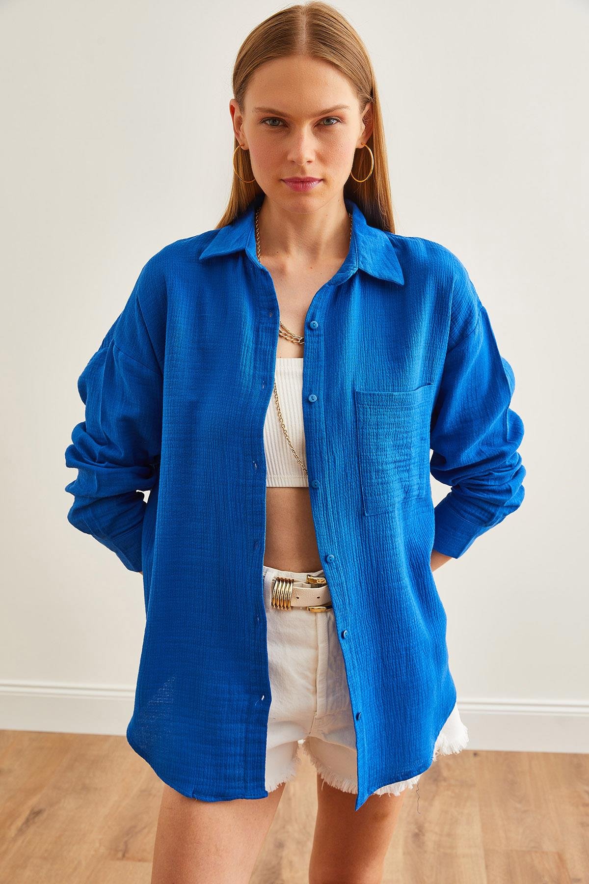Oversize Basic Müslin Gömlek Saks Mavi
