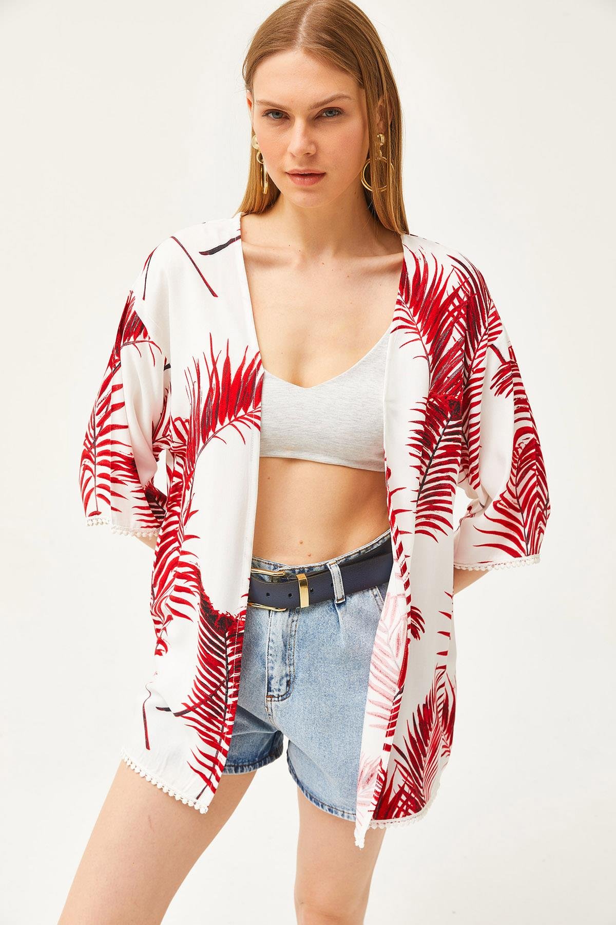 Palmiye Güpür Detaylı Viskon Kimono Bordo