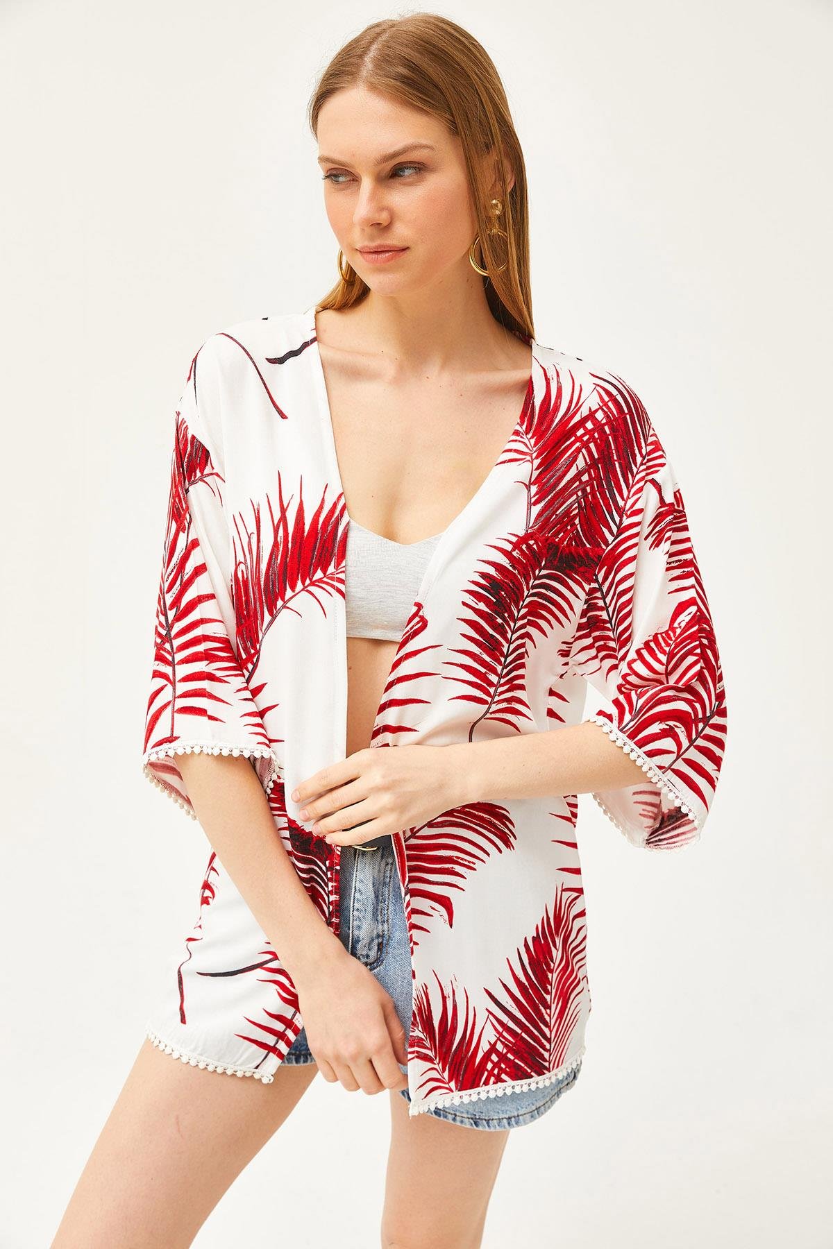 Palmiye Güpür Detaylı Viskon Kimono Bordo