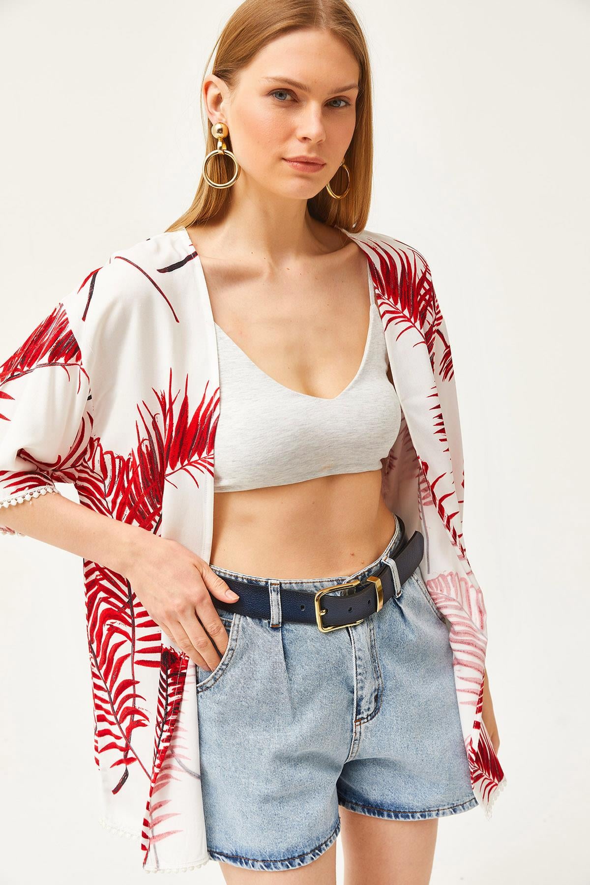 Palmiye Güpür Detaylı Viskon Kimono Bordo