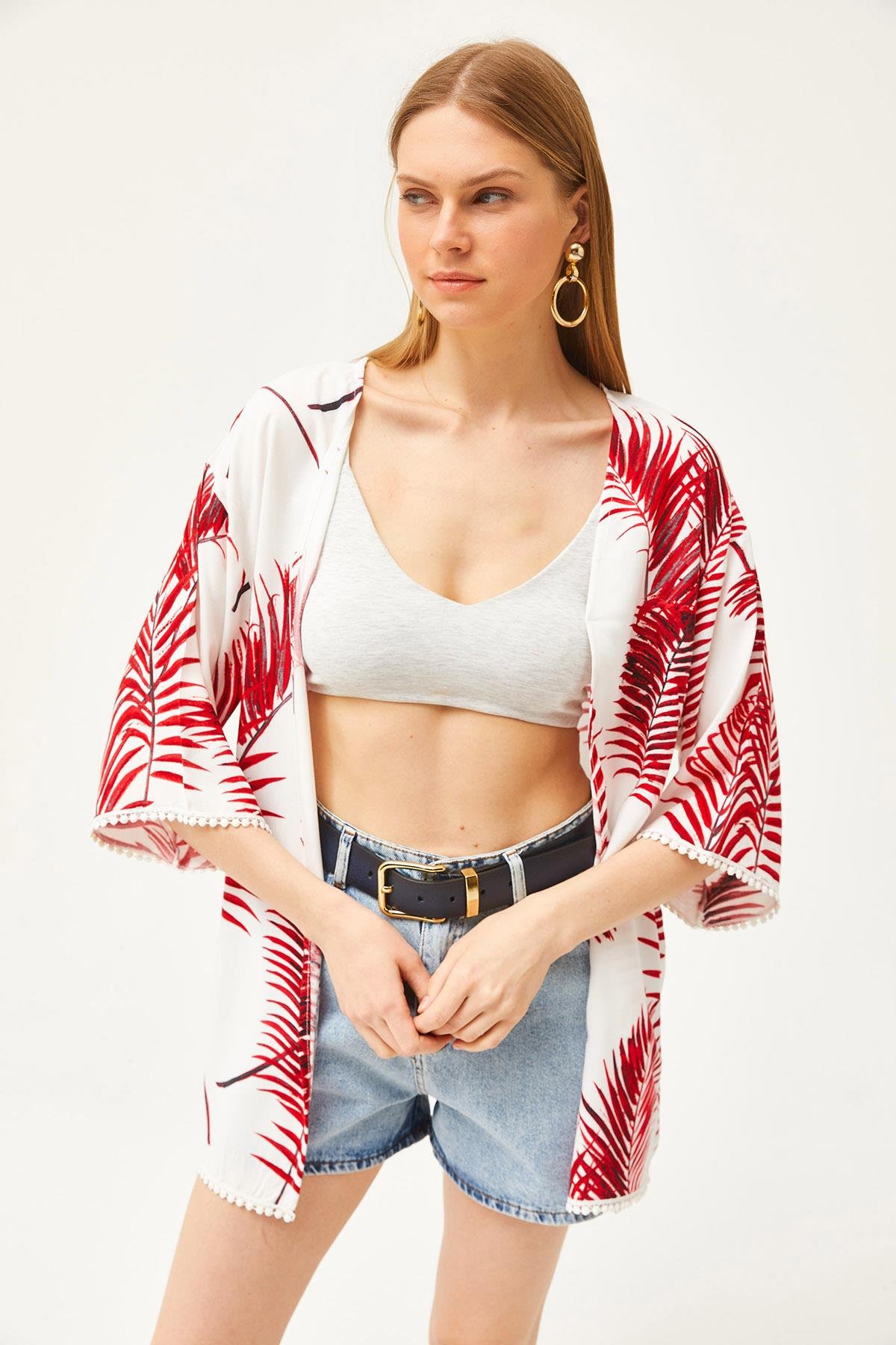 Palmiye Güpür Detaylı Viskon Kimono Bordo