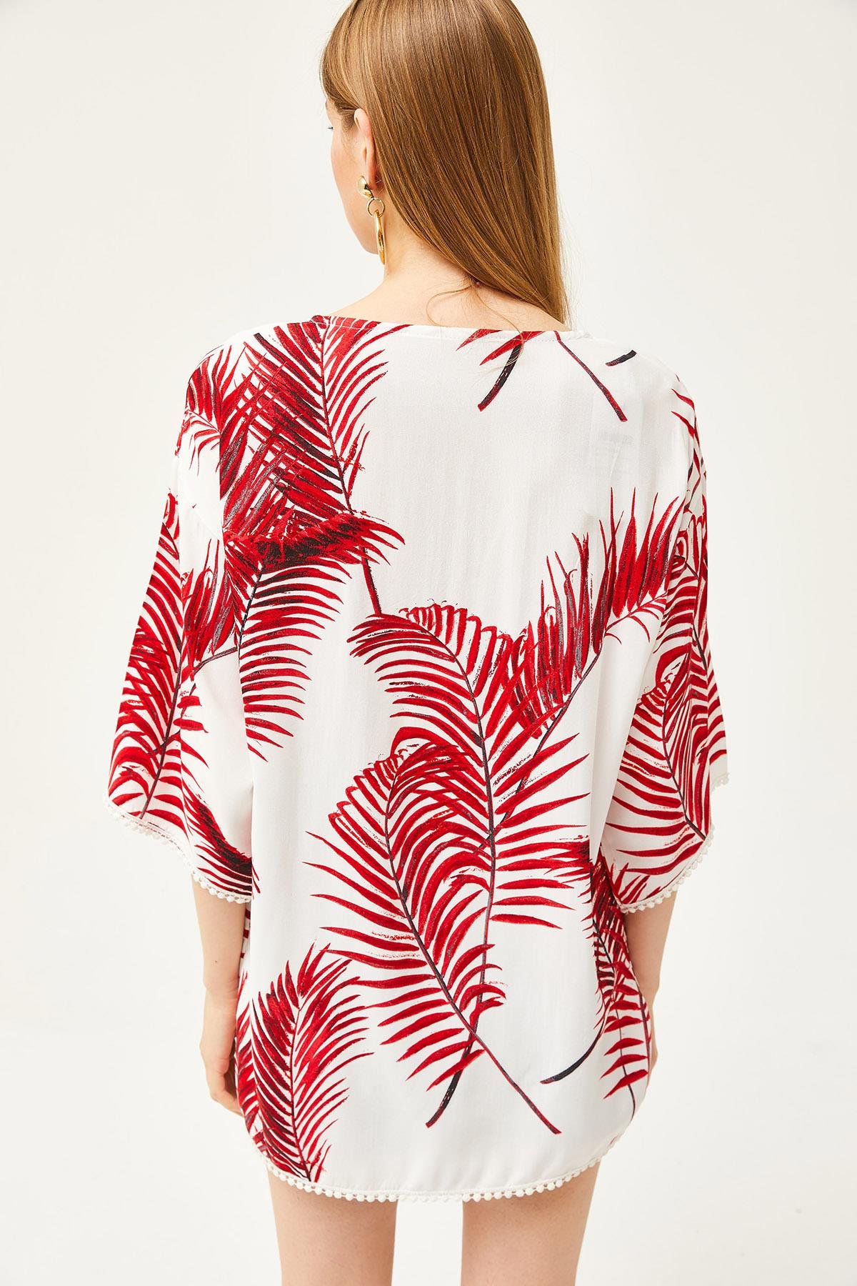 Palmiye Güpür Detaylı Viskon Kimono Bordo