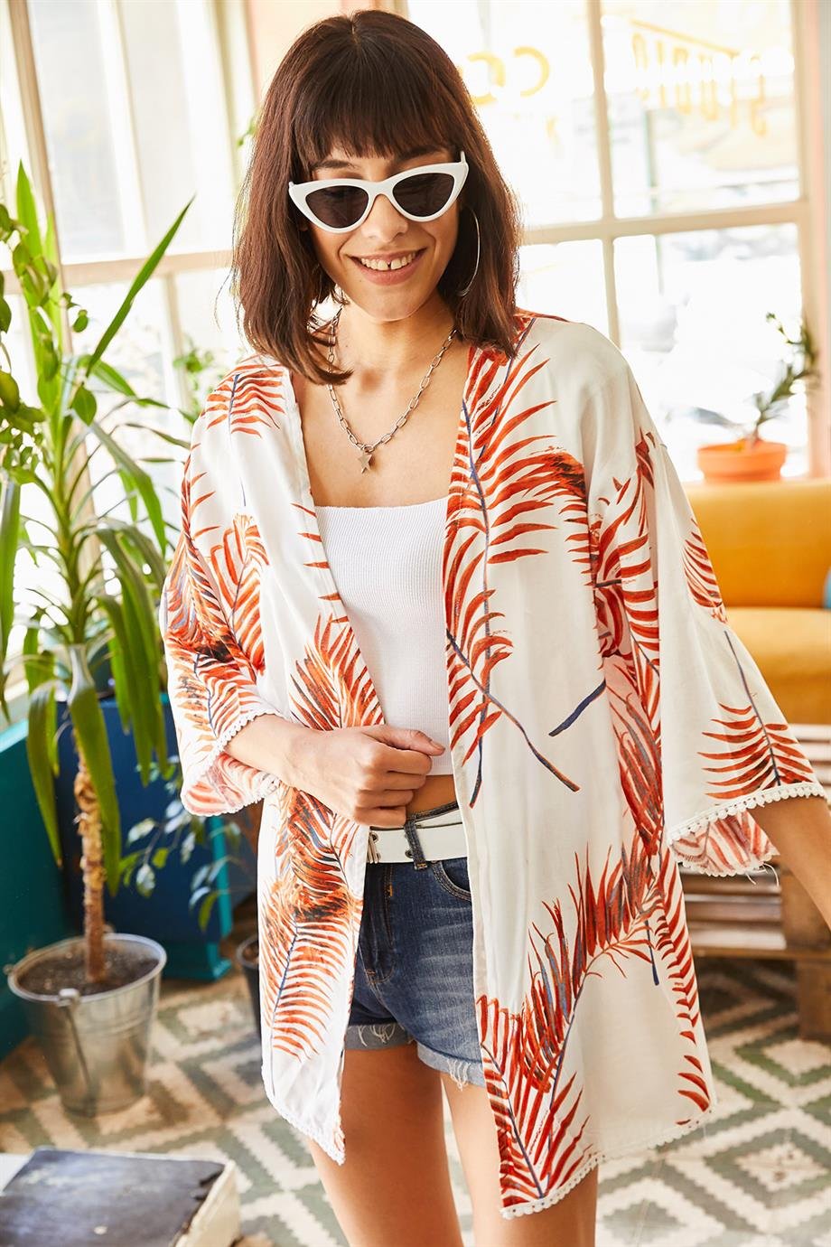 Palmiye Güpür Detaylı Viskon Kimono Kiremit