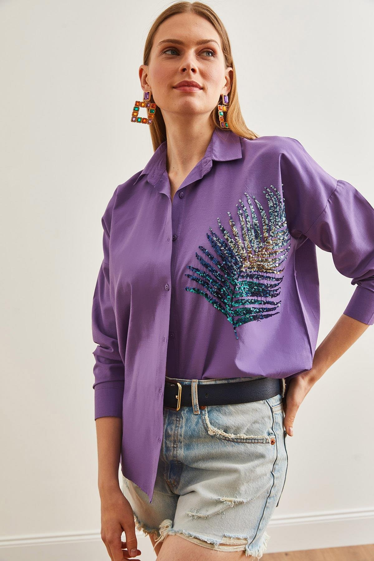 Palmiye Pul Detaylı Oversize Dokuma Poplin Gömlek Mor
