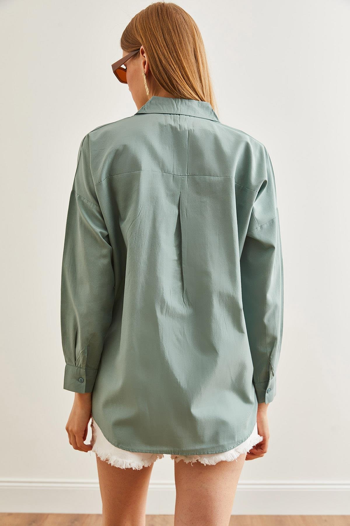 Palmiye Pul Detaylı Oversize Dokuma Poplin Gömlek Çağla Yeşili