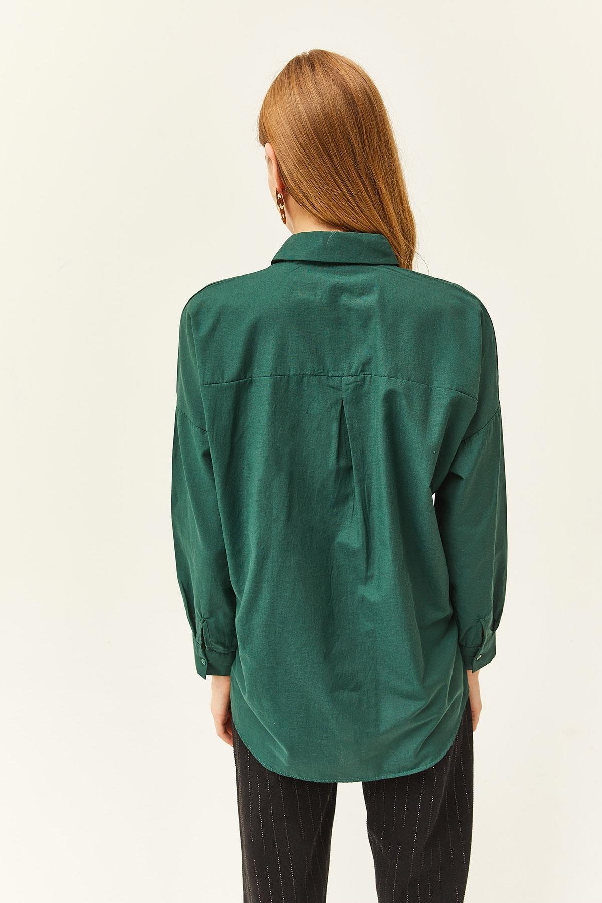 Palmiye Pul Detaylı Oversize Dokuma Poplin Gömlek Zümrüt Yeşili