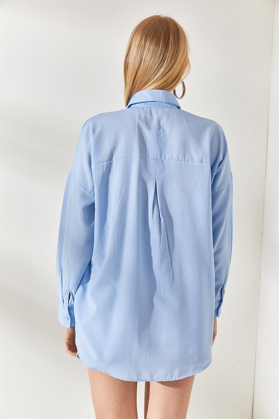 Palmiye Pul Detaylı Oversize Dokuma Poplin Gömlek Bebe Mavi