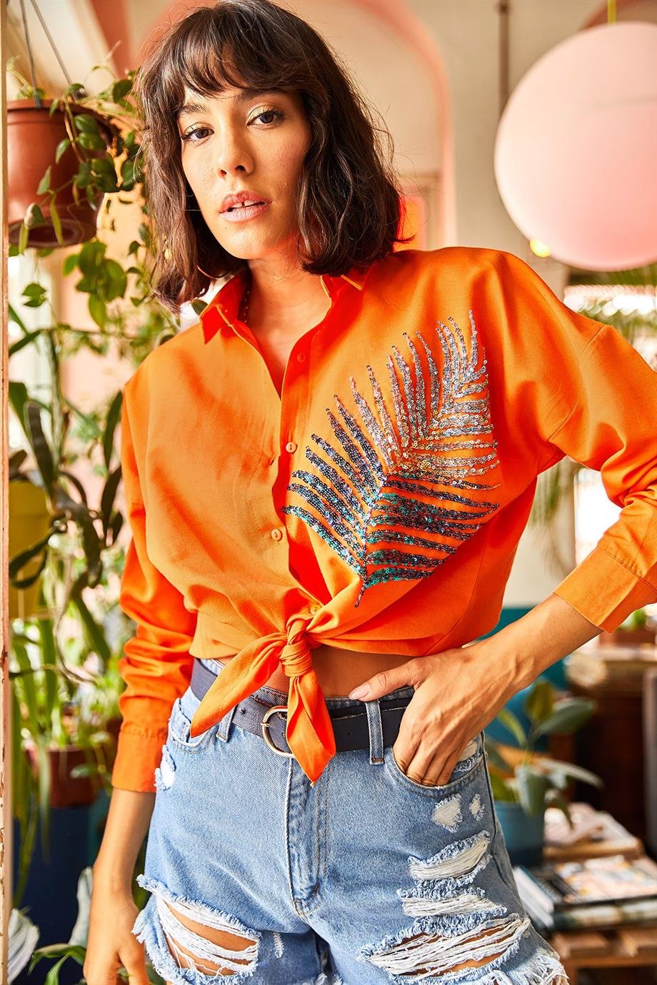 Palmiye Pul Detaylı Oversize Dokuma Poplin Gömlek Turuncu