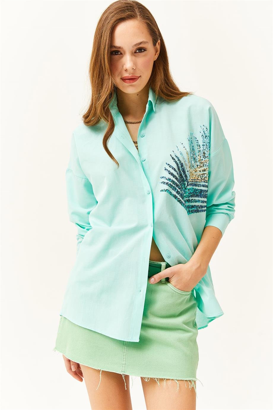 Palmiye Pul Detaylı Oversize Dokuma Poplin Gömlek Su Yeşili
