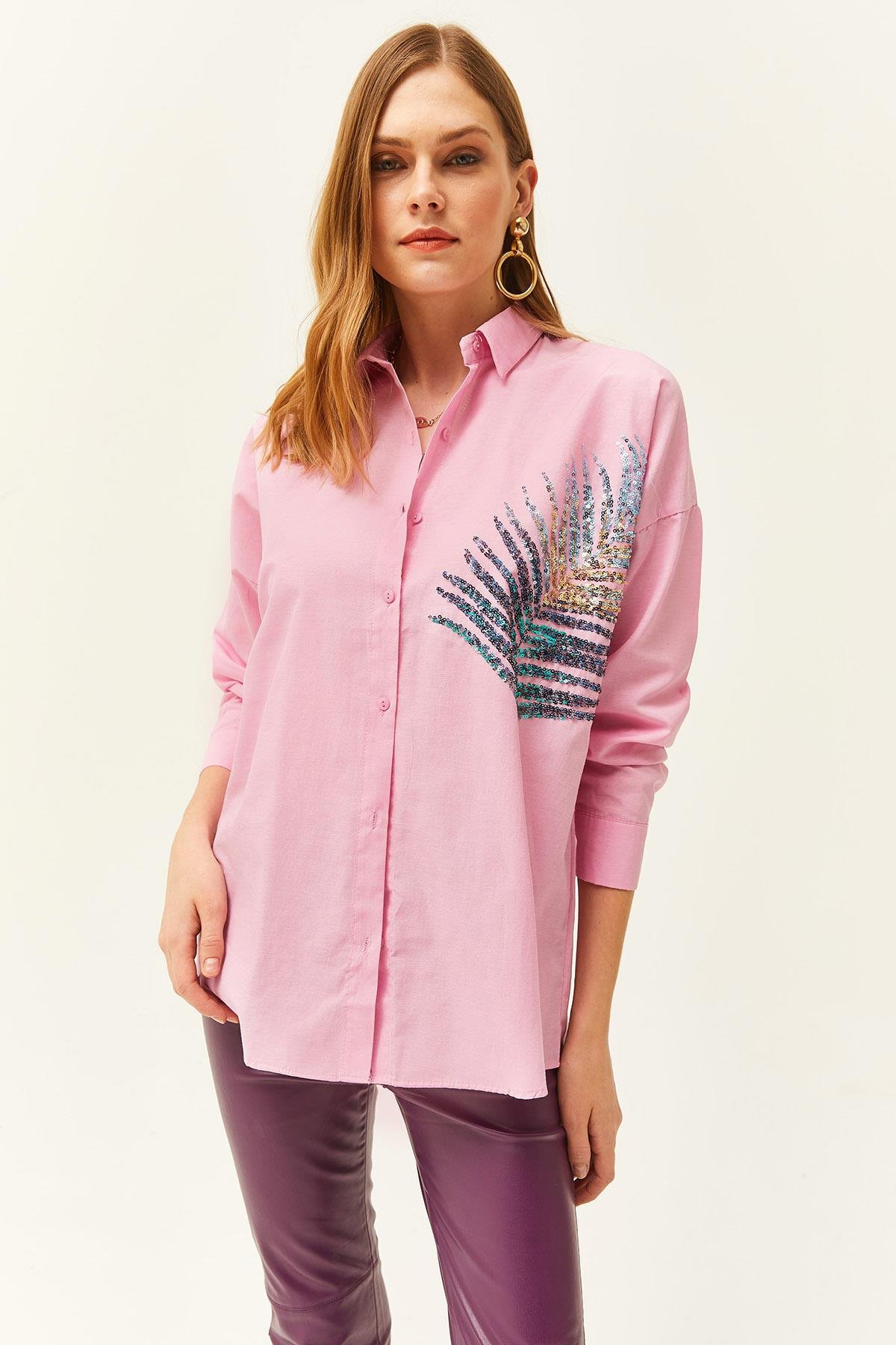 Palmiye Pul Detaylı Oversize Dokuma Poplin Gömlek Şeker Pembe