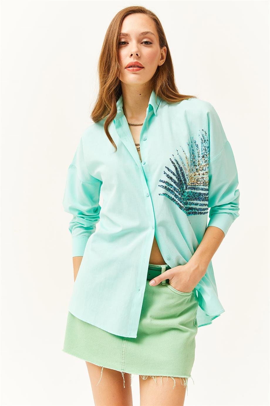 Palmiye Pul Detaylı Oversize Dokuma Poplin Gömlek Su Yeşili