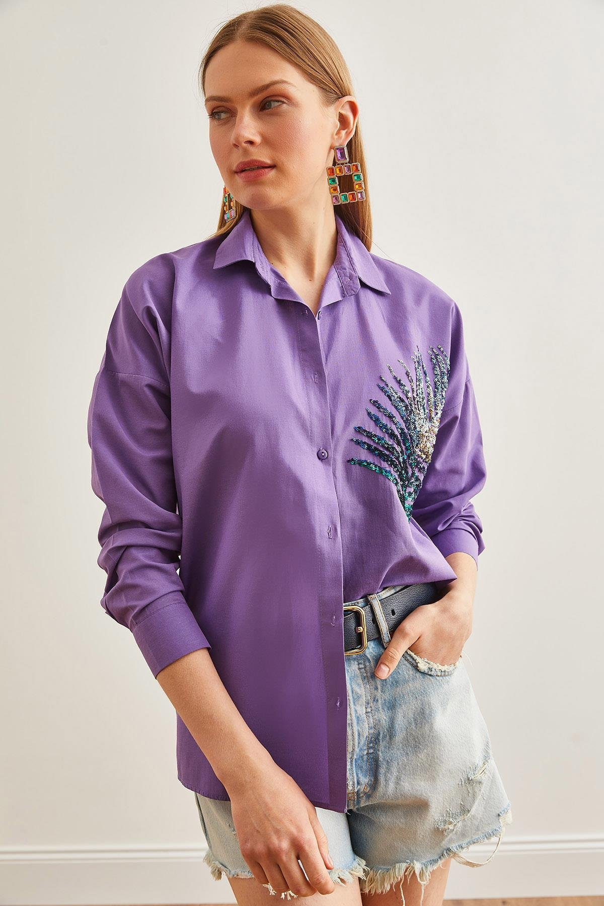 Palmiye Pul Detaylı Oversize Dokuma Poplin Gömlek Mor