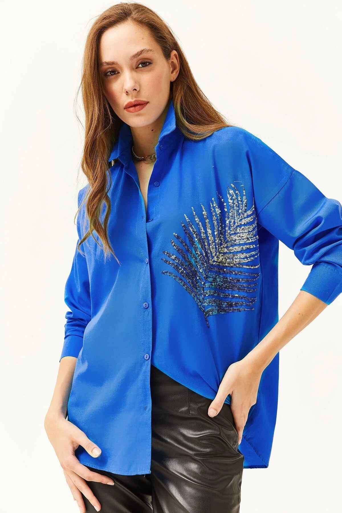 Palmiye Pul Detaylı Oversize Dokuma Poplin Gömlek Saks Mavi