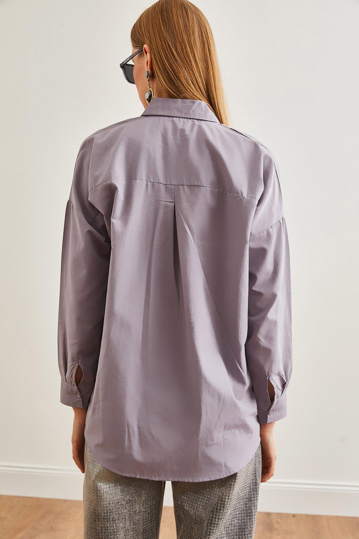 Palmiye Pul Detaylı Oversize Dokuma Poplin Gömlek Gri