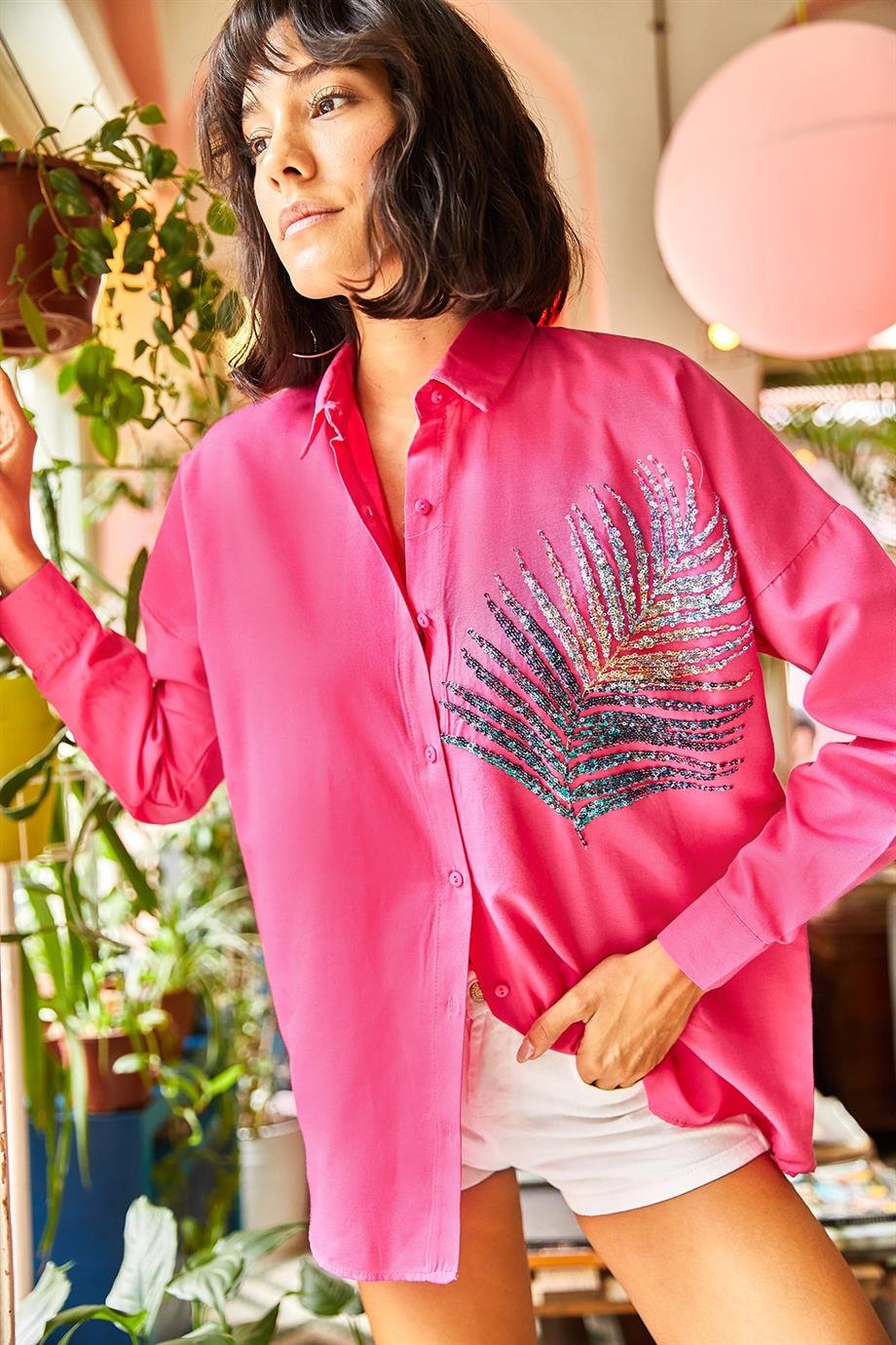 Palmiye Pul Detaylı Oversize Dokuma Poplin Gömlek Fuşya
