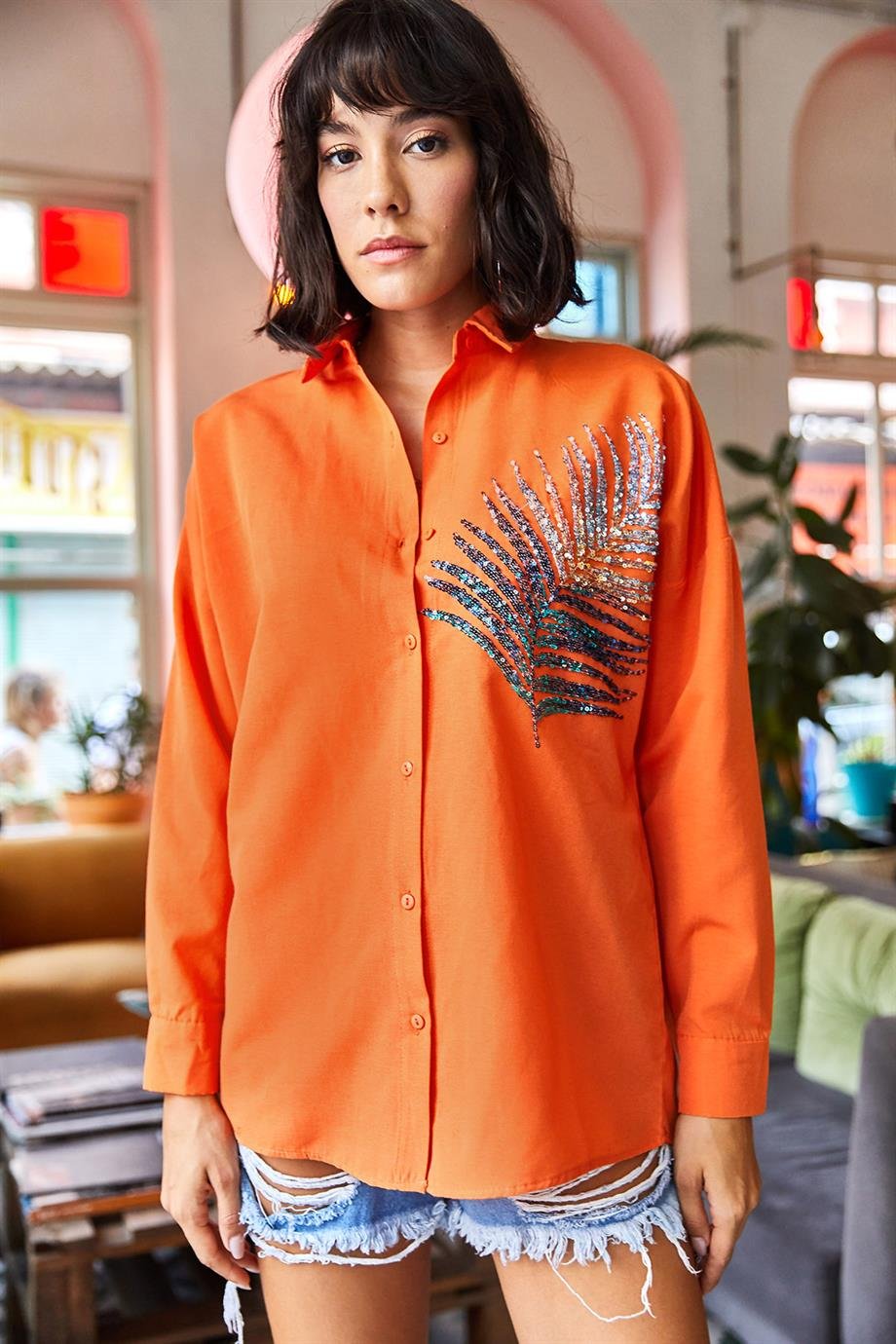 Palmiye Pul Detaylı Oversize Dokuma Poplin Gömlek Turuncu