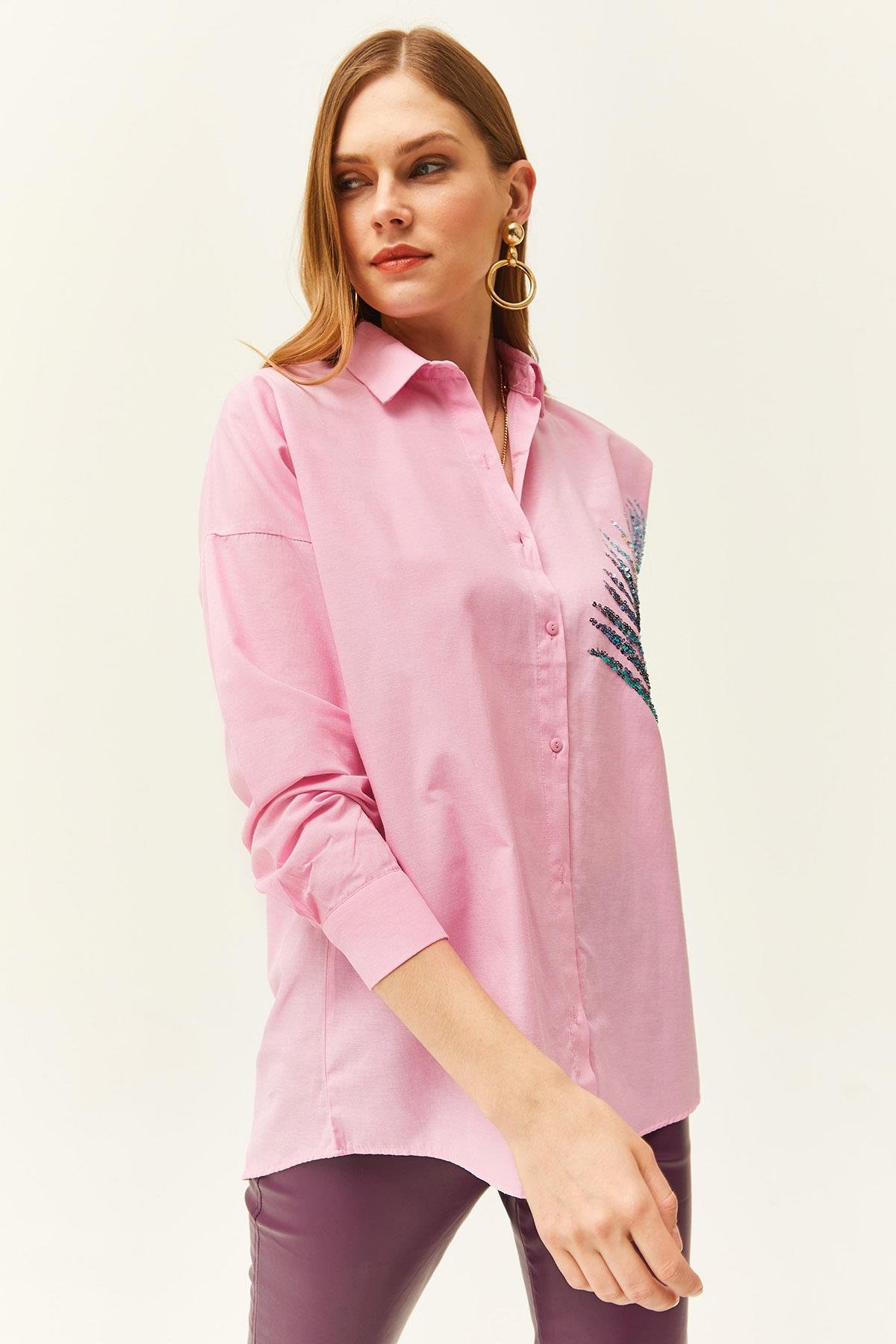 Palmiye Pul Detaylı Oversize Dokuma Poplin Gömlek Şeker Pembe