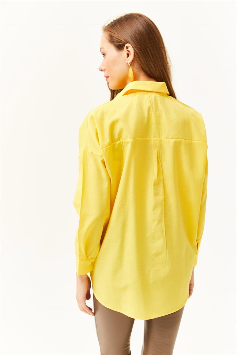 Palmiye Pul Detaylı Oversize Dokuma Poplin Gömlek Sarı