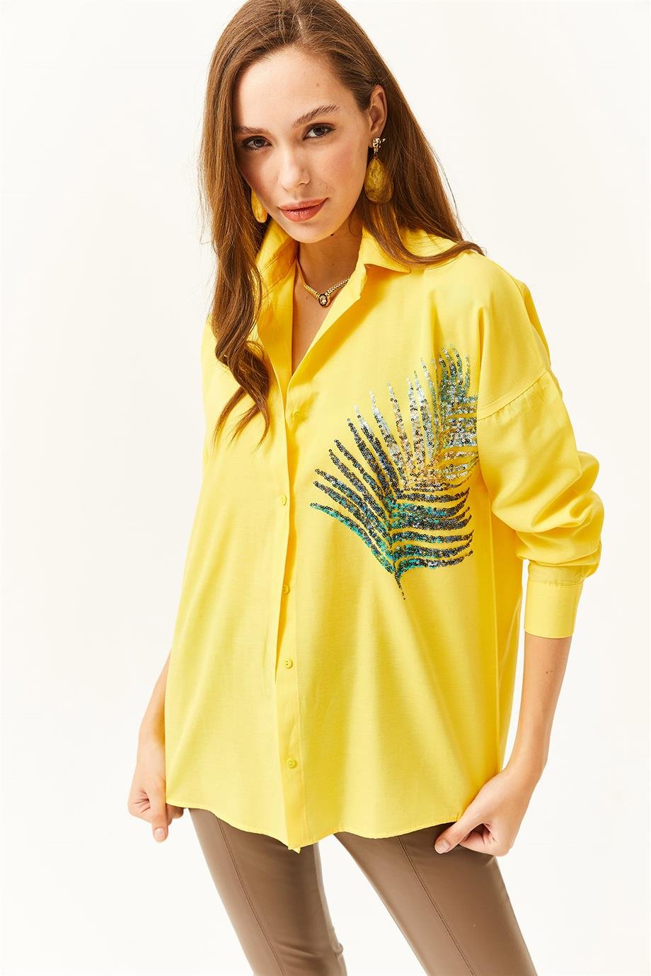Palmiye Pul Detaylı Oversize Dokuma Poplin Gömlek Sarı