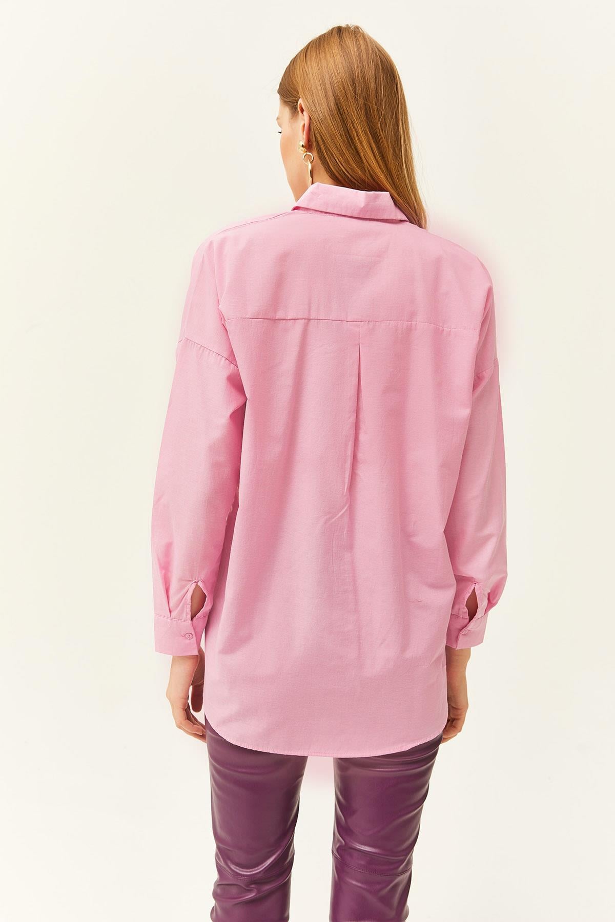 Palmiye Pul Detaylı Oversize Dokuma Poplin Gömlek Şeker Pembe