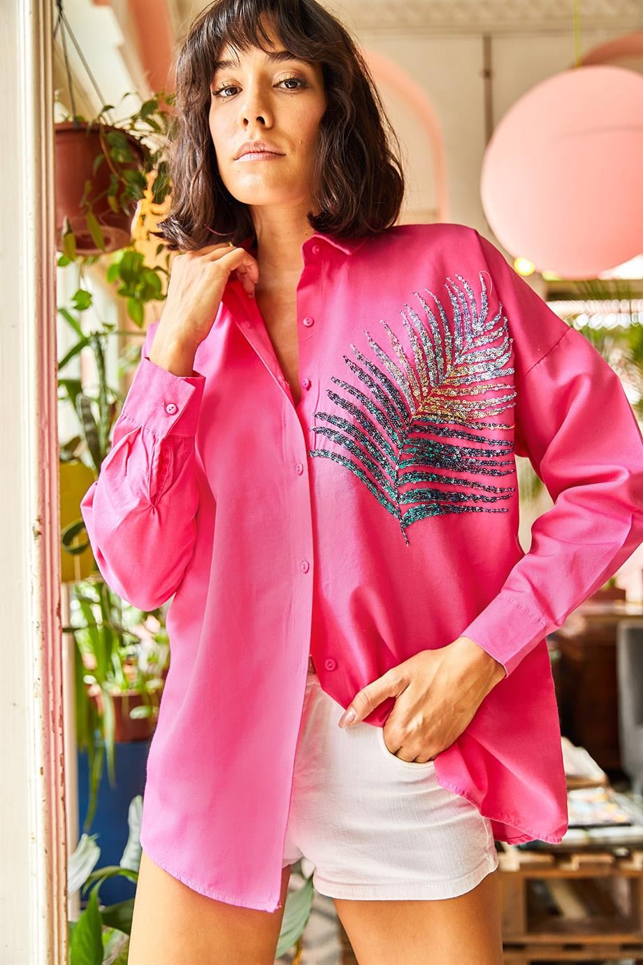 Palmiye Pul Detaylı Oversize Dokuma Poplin Gömlek Fuşya