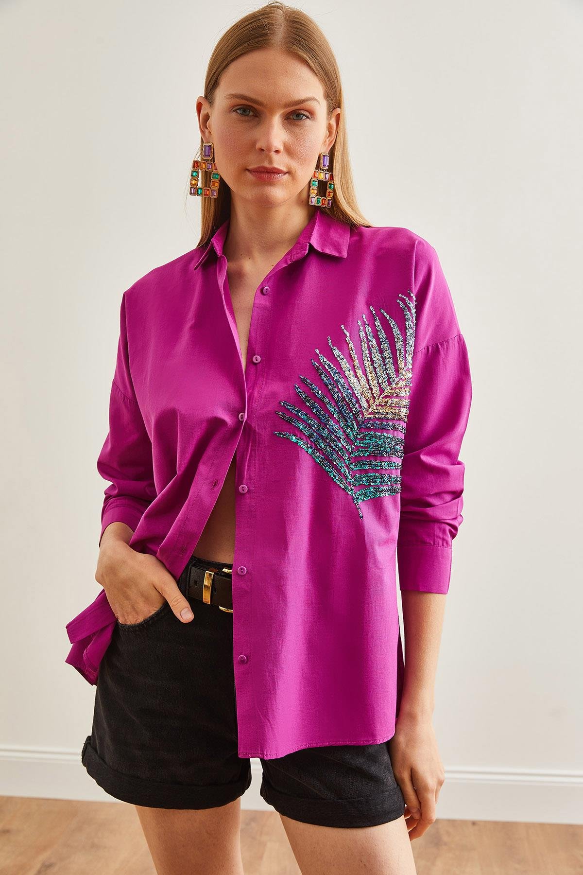 Palmiye Pul Detaylı Oversize Dokuma Poplin Gömlek Menekşe