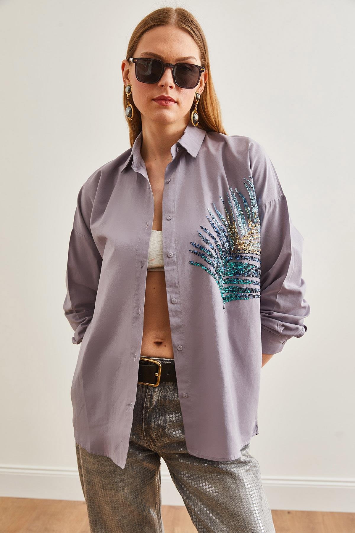Palmiye Pul Detaylı Oversize Dokuma Poplin Gömlek Gri