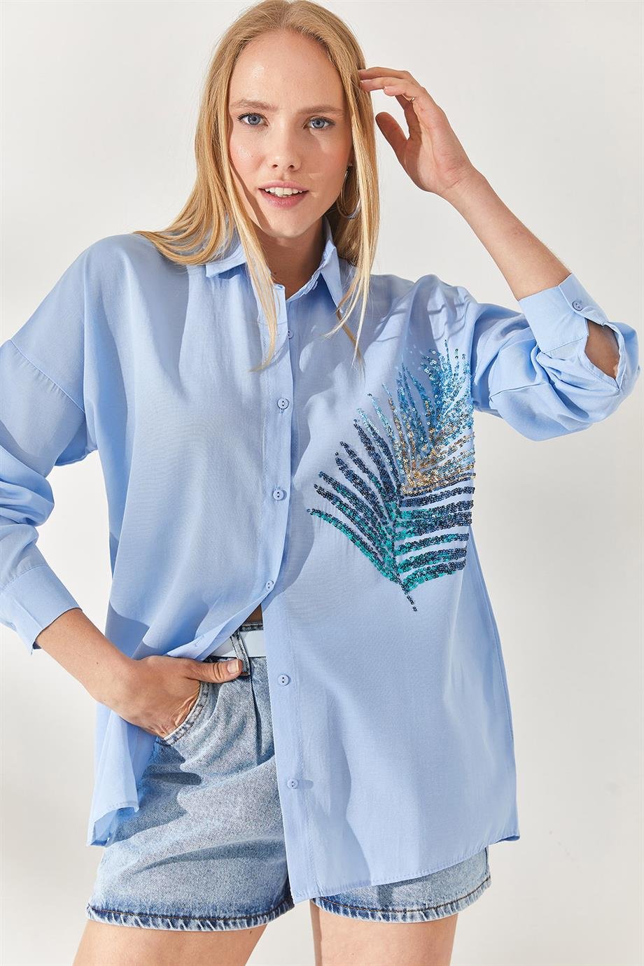 Palmiye Pul Detaylı Oversize Dokuma Poplin Gömlek Bebe Mavi