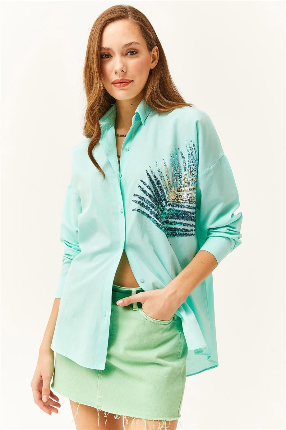 Palmiye Pul Detaylı Oversize Dokuma Poplin Gömlek Su Yeşili
