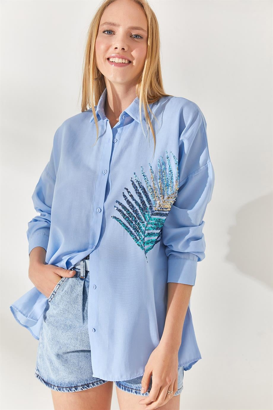 Palmiye Pul Detaylı Oversize Dokuma Poplin Gömlek Bebe Mavi