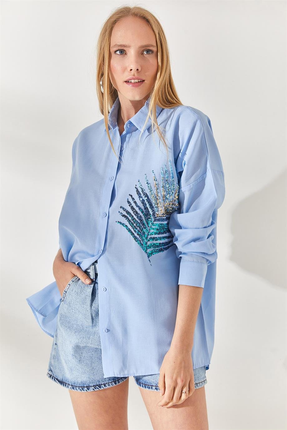 Palmiye Pul Detaylı Oversize Dokuma Poplin Gömlek Bebe Mavi