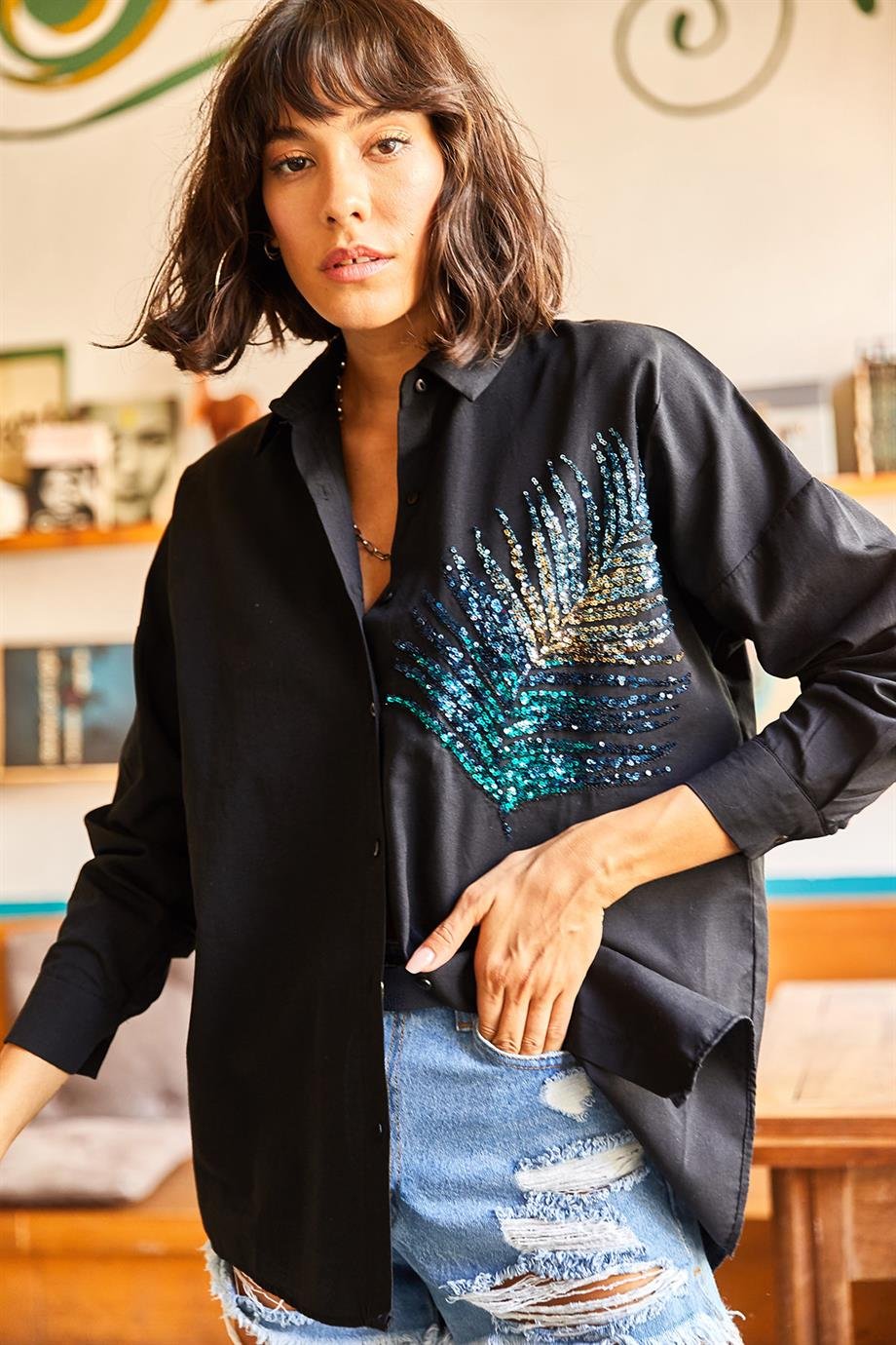 Palmiye Pul Detaylı Oversize Dokuma Poplin Gömlek Siyah