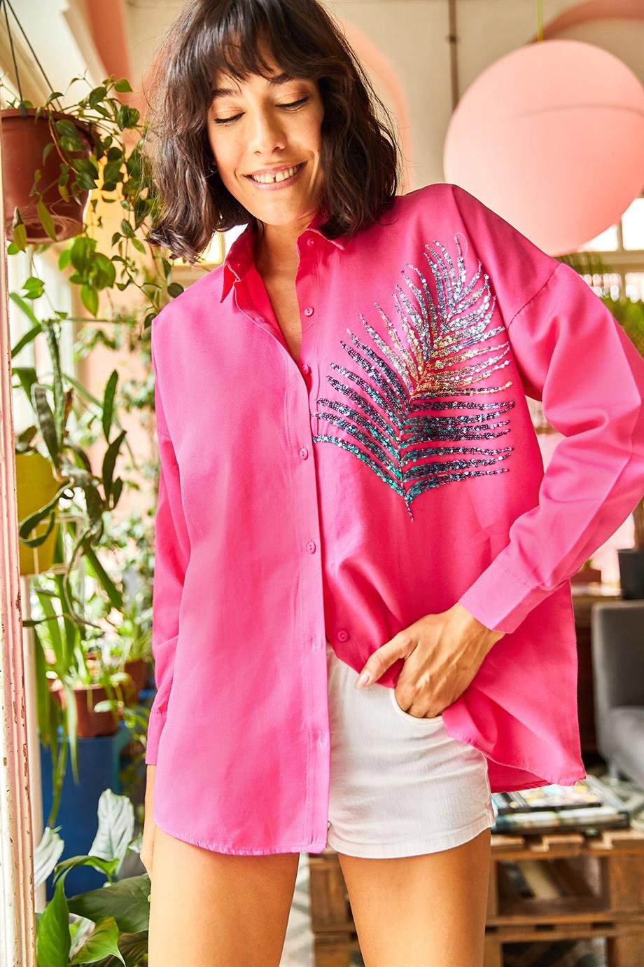 Palmiye Pul Detaylı Oversize Dokuma Poplin Gömlek Fuşya