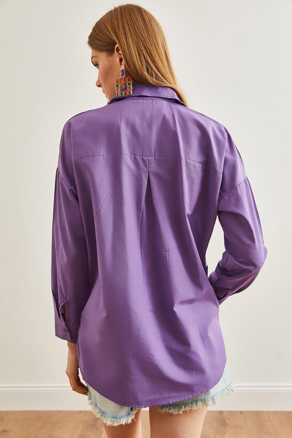 Palmiye Pul Detaylı Oversize Dokuma Poplin Gömlek Mor