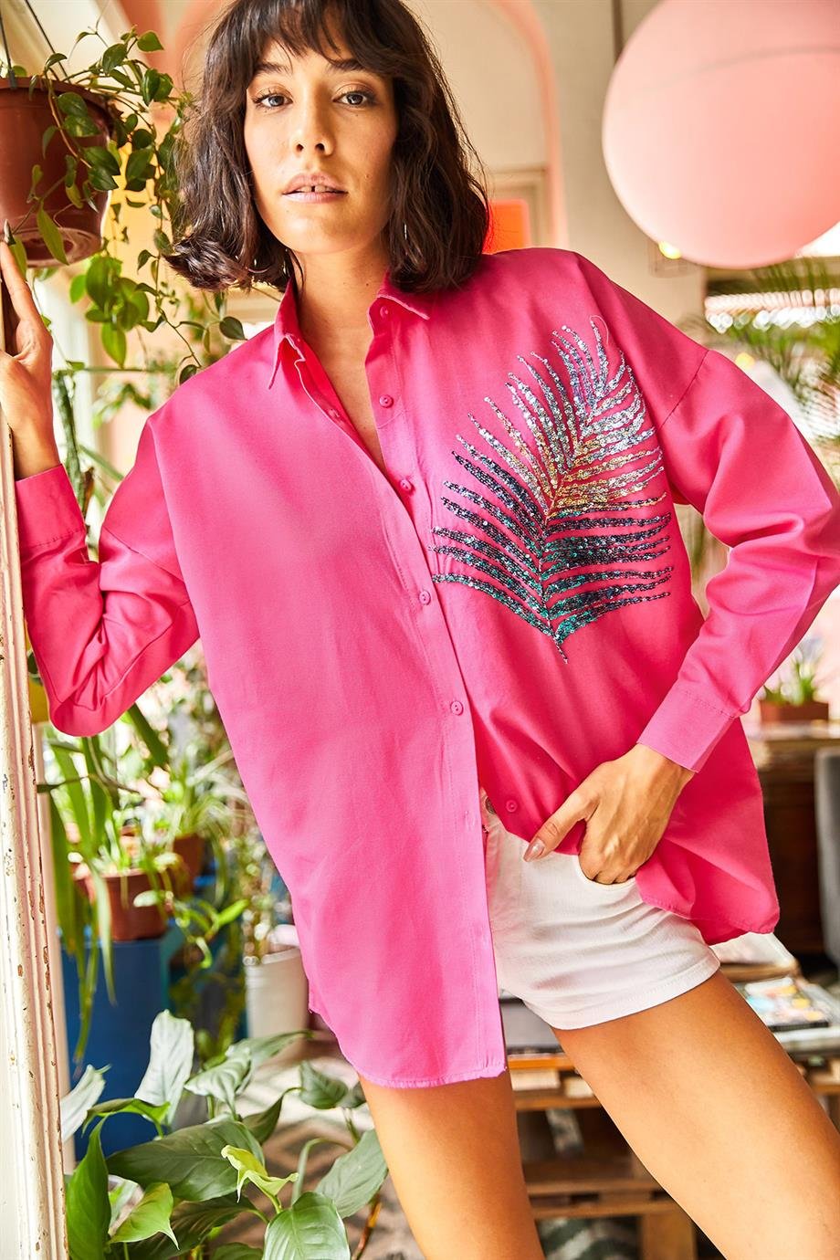 Palmiye Pul Detaylı Oversize Dokuma Poplin Gömlek Fuşya