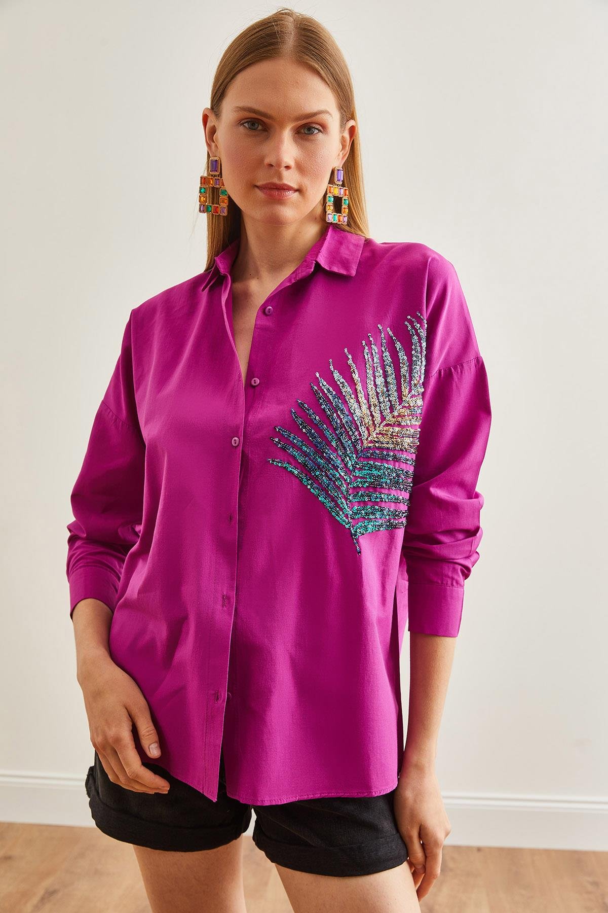 Palmiye Pul Detaylı Oversize Dokuma Poplin Gömlek Menekşe