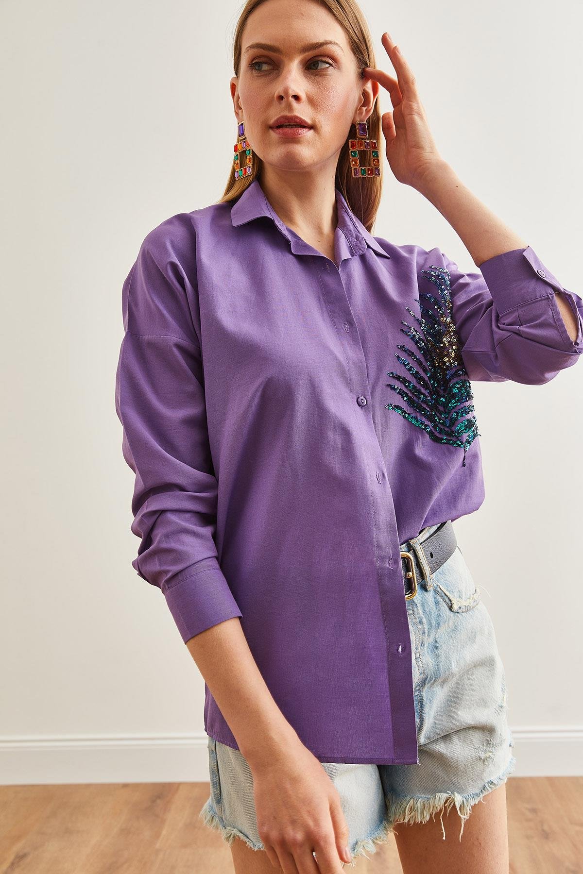 Palmiye Pul Detaylı Oversize Dokuma Poplin Gömlek Mor