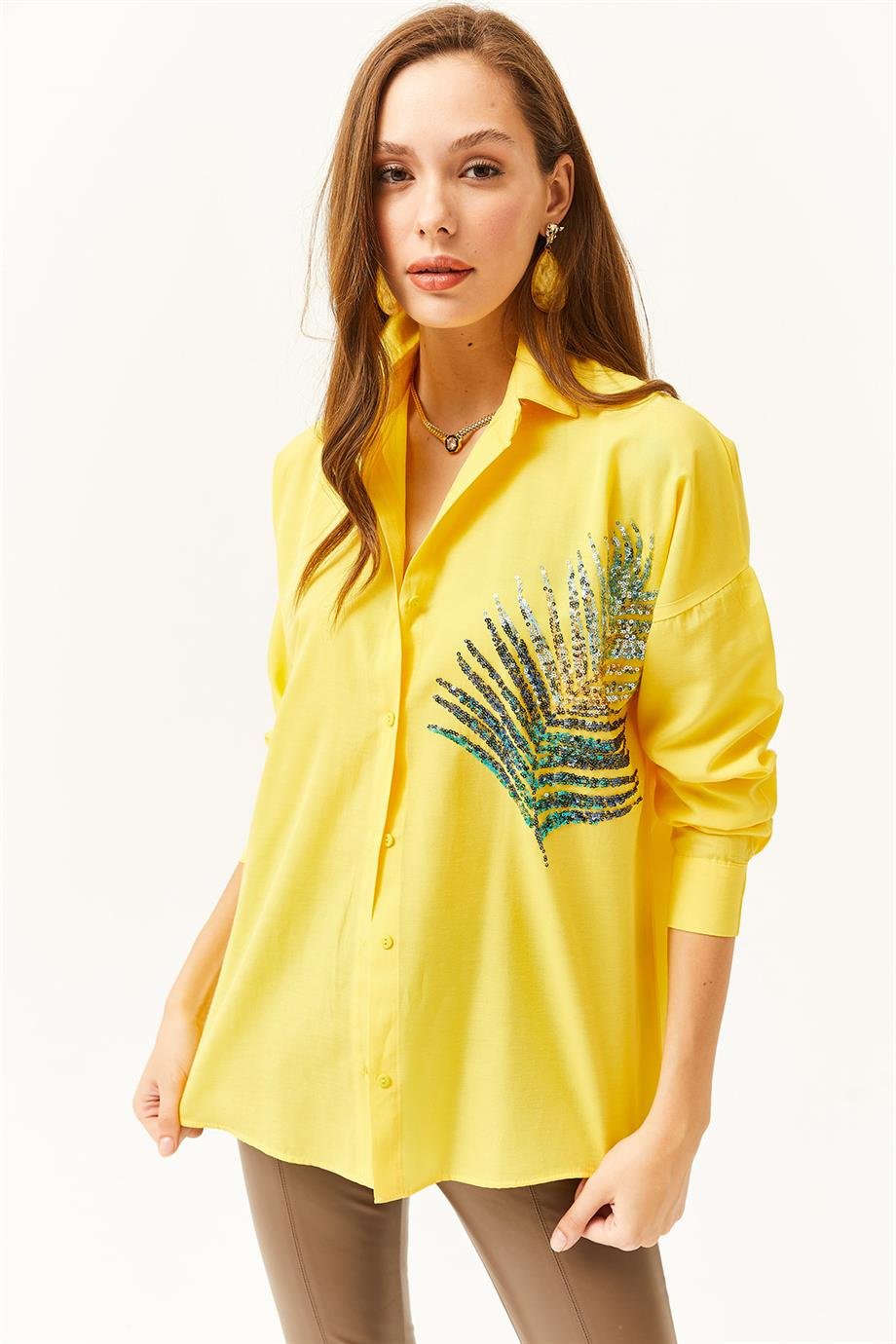 Palmiye Pul Detaylı Oversize Dokuma Poplin Gömlek Sarı