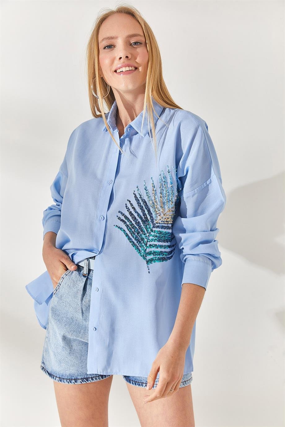 Palmiye Pul Detaylı Oversize Dokuma Poplin Gömlek Bebe Mavi