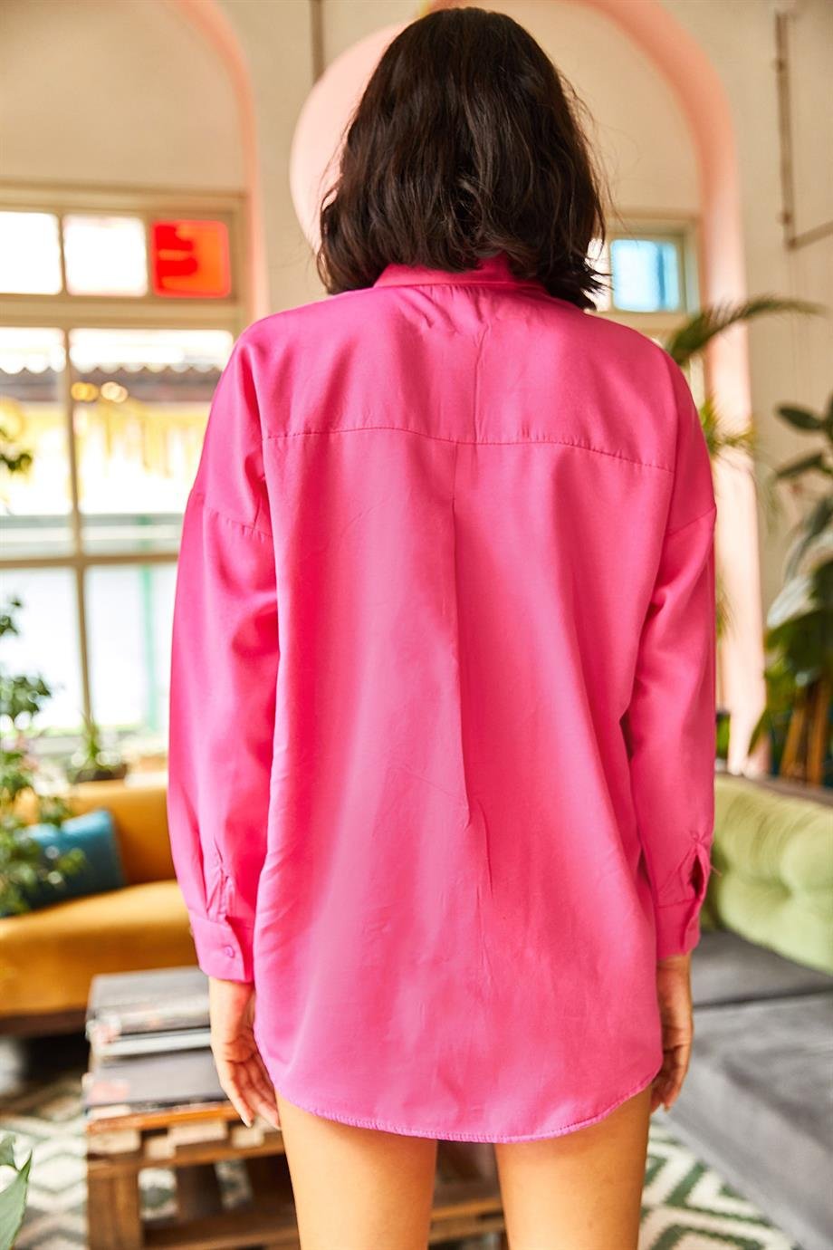 Palmiye Pul Detaylı Oversize Dokuma Poplin Gömlek Fuşya