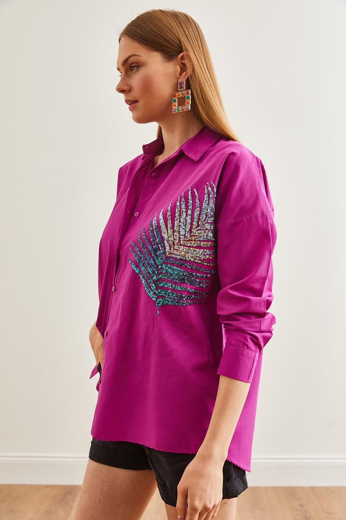 Palmiye Pul Detaylı Oversize Dokuma Poplin Gömlek Menekşe