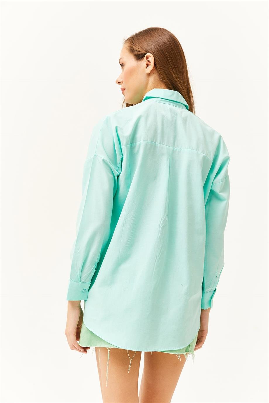 Palmiye Pul Detaylı Oversize Dokuma Poplin Gömlek Su Yeşili